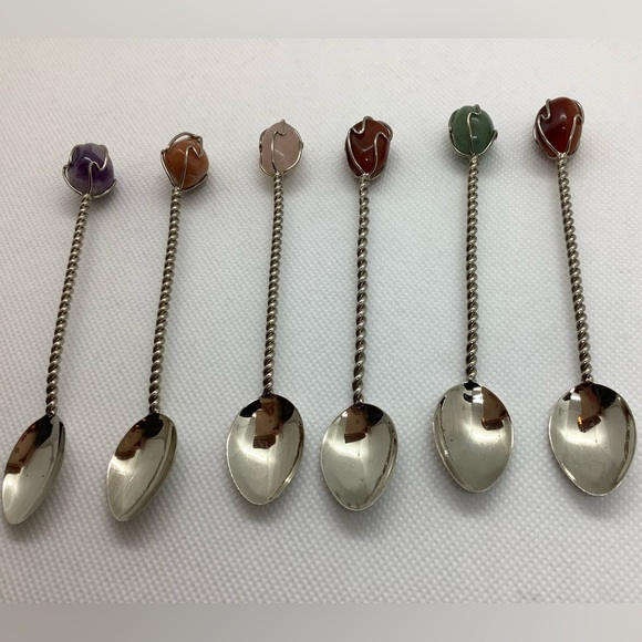 Silver Tone Twisted Semi Precious Gemstone Handle Demitasse Spoons Set of 6 - Picture 5 of 16
